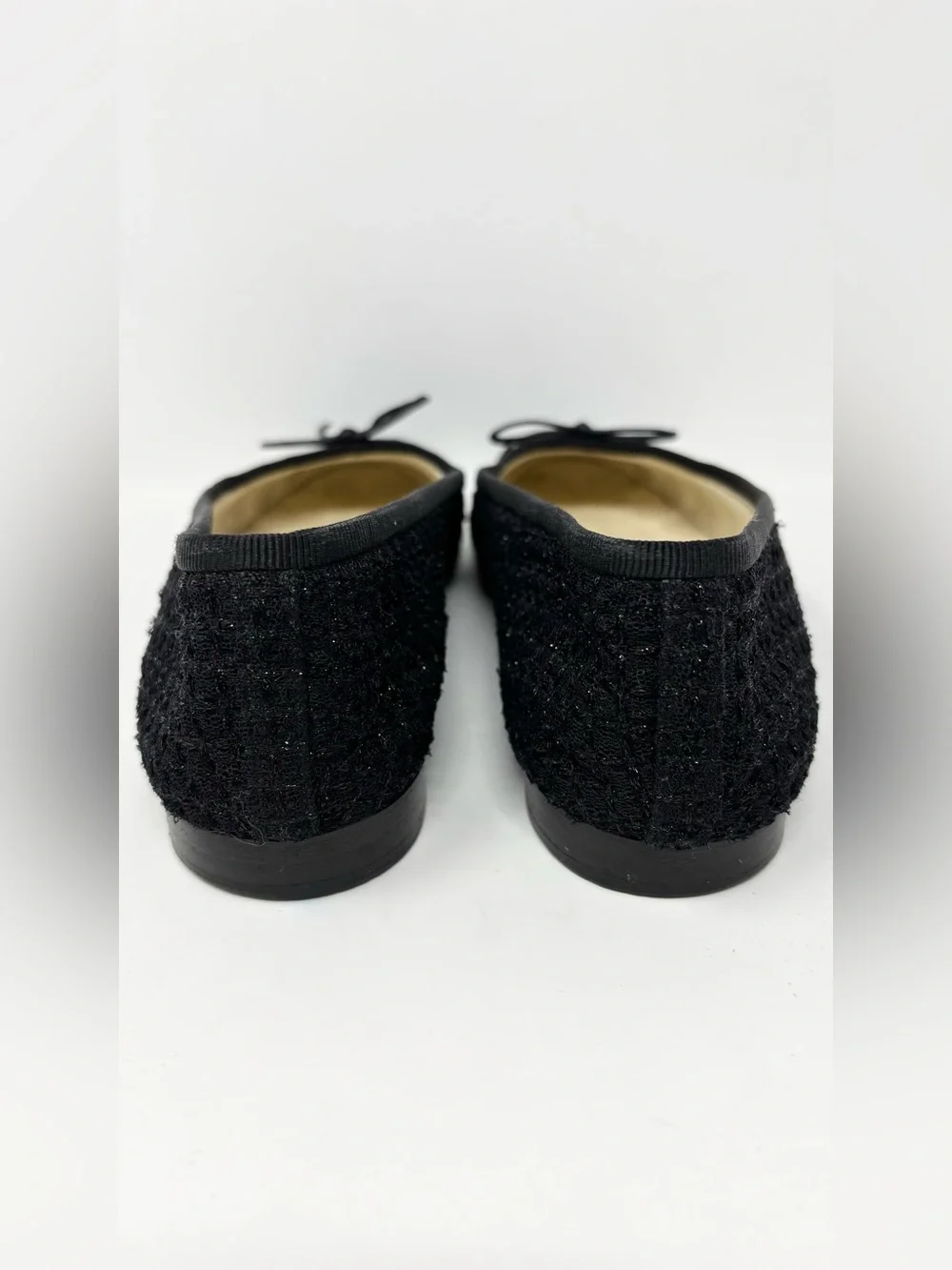 Chanel CC Logo Cap Toe Tweed Ballet Flats Black White Size 37 Authentic